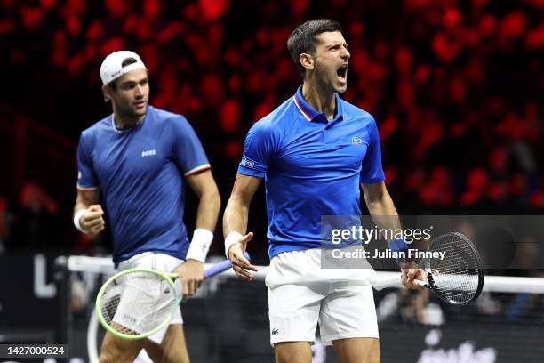 Novak Djokovic and Matteo Berrettini of Team Europe celebrate a point in the match between Alex De Minaur and Jack Sock of Team World and nsjoa and...