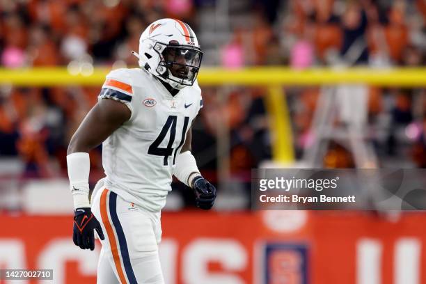 Sean Perry of the Virginia Cavaliers reacts during the second quarter against the Syracuse Orange at JMA Wireless Dome on September 23, 2022 in...