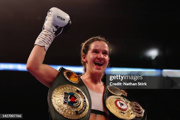 Terri Harper celebrates with the WBA and IBO World Super Welterweight Title belts after defeating Hannah Rankin in the WBA and IBO World Super...