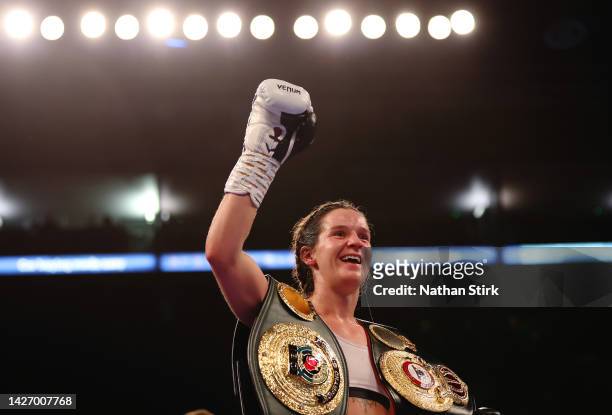 Terri Harper celebrates with the WBA and IBO World Super Welterweight Title belts after defeating Hannah Rankin in the WBA and IBO World Super...
