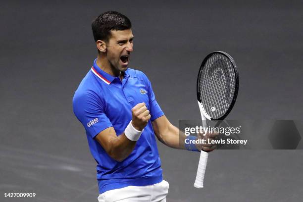 Novak Djokovic of Team Europe celebrates their victory in the doubles match between Novak Djokovic and Matteo Berrettini of Team Europe and Jack Sock...