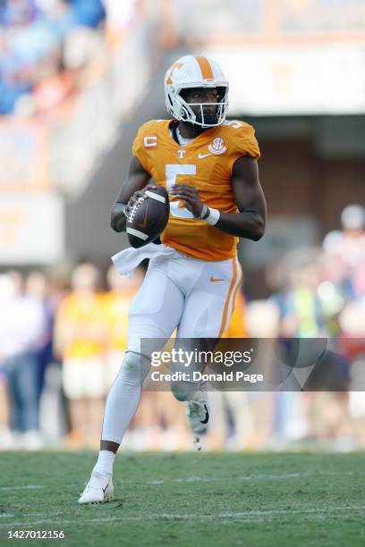 Quarterback Hendon Hooker of the Tennessee Volunteers runs the ball at Neyland Stadium on September 24, 2022 in Knoxville, Tennessee.