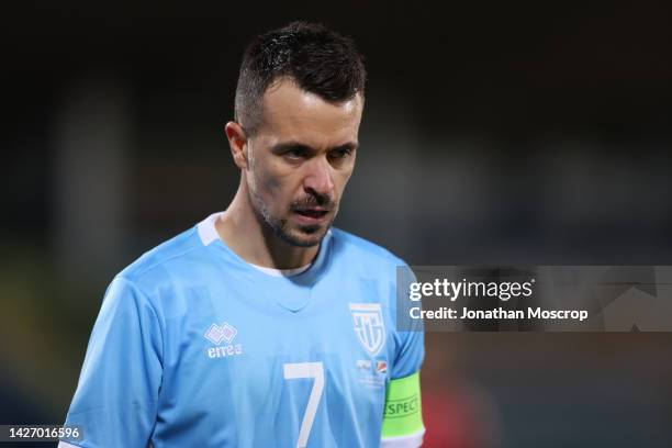 Matteo Vitaioli of San Marino reacts during the Friendly International match between San Marino and Seychelles at San Marino Stadium on September 21,...
