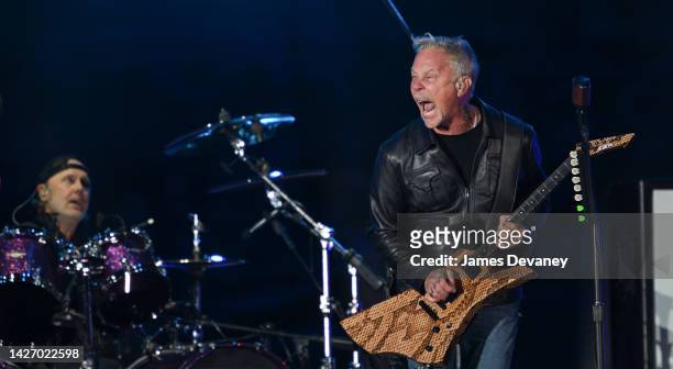 Lars Ulrich and James Hetfield of Metallica perform on stage while rehearsing for the Global Citizen concert in Central Parkon September 23, 2022 in...