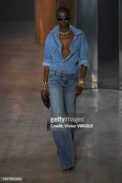 Model walks the runway during the Bally Ready to Wear Spring/Summer 2023 fashion show as part of the Milan Fashion Week on September 24, 2022 in...