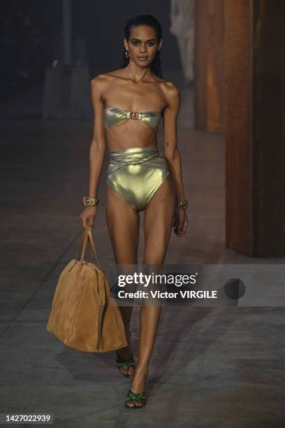 Model walks the runway during the Bally Ready to Wear Spring/Summer 2023 fashion show as part of the Milan Fashion Week on September 24, 2022 in...