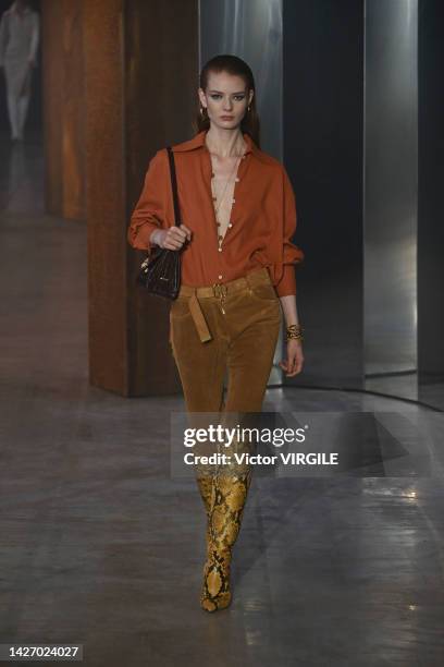 Model walks the runway during the Bally Ready to Wear Spring/Summer 2023 fashion show as part of the Milan Fashion Week on September 24, 2022 in...