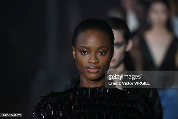Model walks the runway during the Bally Ready to Wear Spring/Summer 2023 fashion show as part of the Milan Fashion Week on September 24, 2022 in...