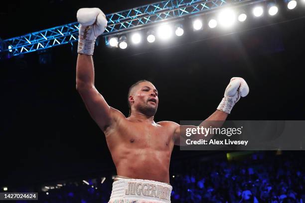 Joe Joyce celebrates after defeating Joseph Parker in the Vacant WBO Interim World Heavyweight Championship fight between Joe Joyce and Joseph Parker...