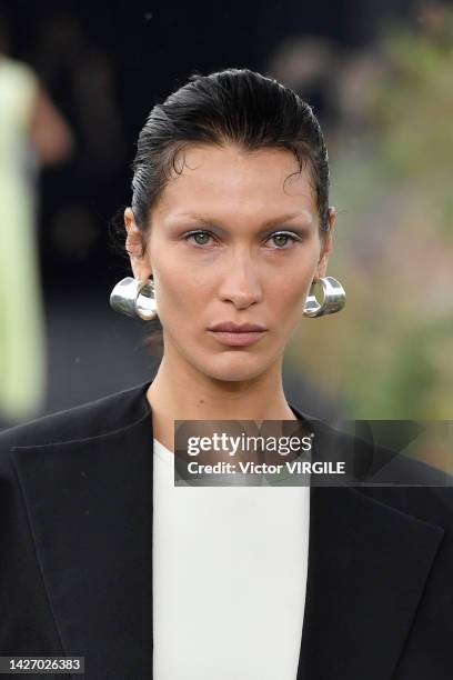 Bella Hadid walks the runway during the Jil Sander Ready to Wear Spring/Summer 2023 fashion show as part of the Milan Fashion Week on September 24,...