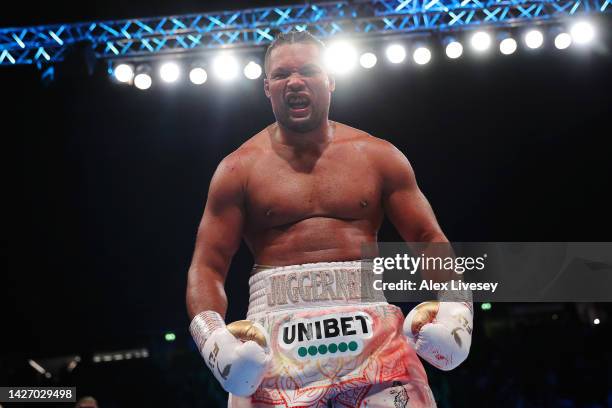 Joe Joyce celebrates after defeating Joseph Parker in the Vacant WBO Interim World Heavyweight Championship fight between Joe Joyce and Joseph Parker...