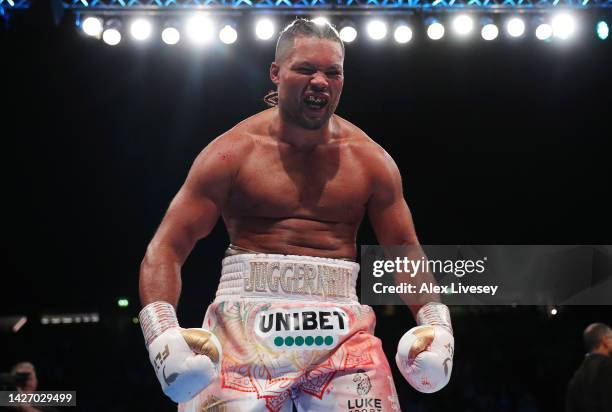 Joe Joyce celebrates after defeating Joseph Parker in the Vacant WBO Interim World Heavyweight Championship fight between Joe Joyce and Joseph Parker...