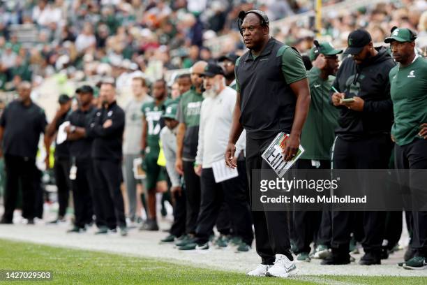 Head coach Mel Tucker of the Michigan State Spartans looks on during the second half of a game against the Minnesota Golden Gophers at Spartan...