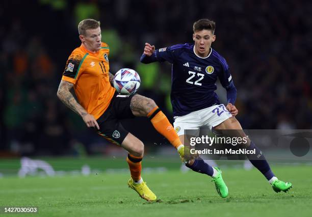 James McClean of Ireland vies with Aaron Hickey of Scotland during the UEFA Nations League League B Group 1 match between Scotland and Republic of...