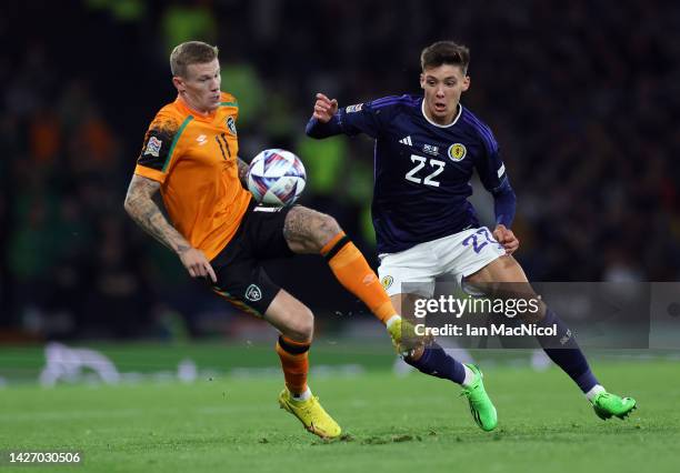 James McClean of Ireland vies with Aaron Hickey of Scotland during the UEFA Nations League League B Group 1 match between Scotland and Republic of...