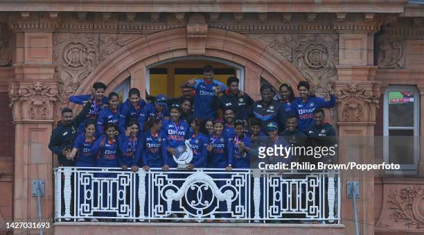 The team celebrate on the balcony after India won the 3rd Royal London One Day International between England and India at Lord's Cricket Ground on...