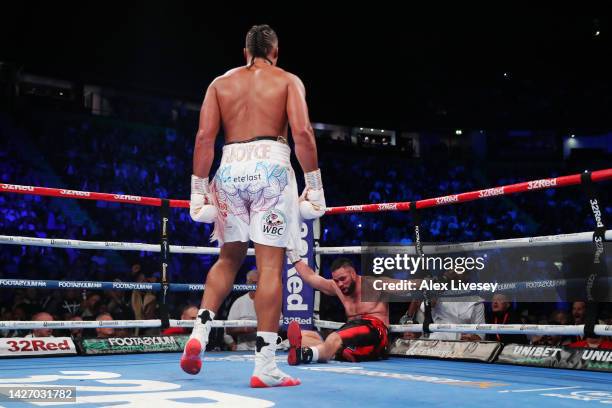 Joseph Parker is knocked down by Joe Joyce during the Vacant WBO Interim World Heavyweight Championship fight between Joe Joyce and Joseph Parker at...