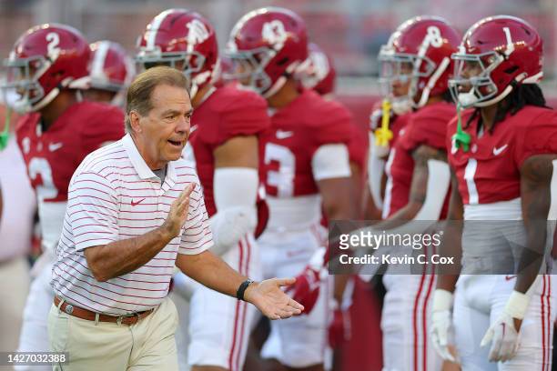 Head coach Nick Saban of the Alabama Crimson Tide looks on prior to the game against the Vanderbilt Commodores at Bryant-Denny Stadium on September...