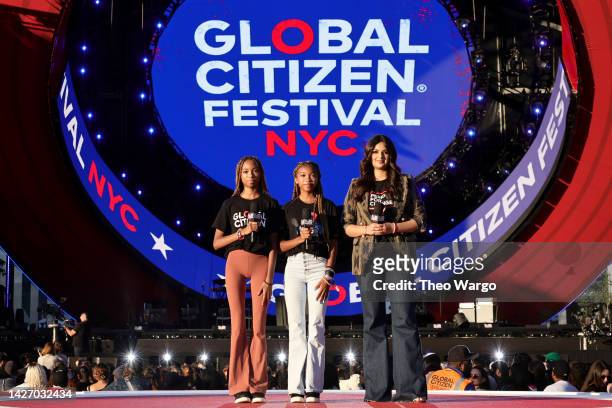 Brooke Bennett, Breanna Bennett and Harnaaz Sandhu speak onstage during Global Citizen Festival 2022: New York at Central Park on September 24, 2022...