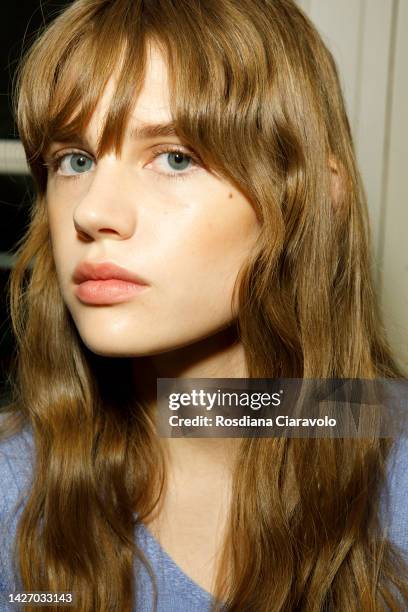 Model poses backstage at the Ermanno Scervino Fashion Show during the Milan Fashion Week Womenswear Spring/Summer 2023 on September 24, 2022 in...