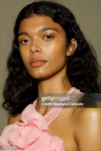 Model poses backstage at the Ermanno Scervino Fashion Show during the Milan Fashion Week Womenswear Spring/Summer 2023 on September 24, 2022 in...