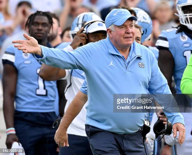 Head coach Mack Brown of the North Carolina Tar Heels reacts during the second half of their game against the Notre Dame Fighting Irish at Kenan...