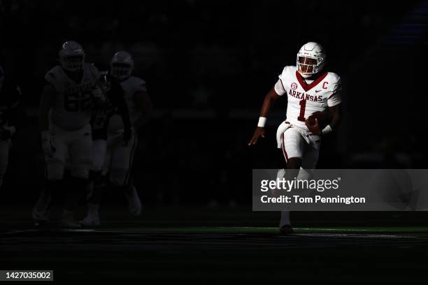 Quarterback KJ Jefferson of the Arkansas Razorbacks carries the ball against the Texas A&M Aggies in the first quarter of the 2022 Southwest Classic...