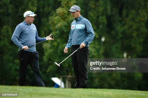 Steven Tiley of England and Jack McDonald of Scotland and next to the first green on Day Three of the Swiss Challenge 2022 at Golf Saint Apollinaire...