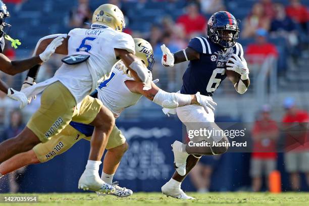 Zach Evans of the Mississippi Rebels carries the ball during the second half against the Tulsa Golden Hurricane at Vaught-Hemingway Stadium on...