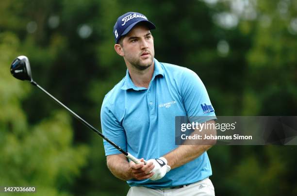 Bradley Neil of Scotland tees off the 2nd hole on Day Three of the Swiss Challenge 2022 at Golf Saint Apollinaire on September 24, 2022 in...