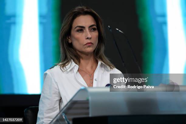 Senator Soraya Vieira Thronicke looks on during a televised debate organized by a pool of local media at SBT Studios on September 24, 2022 in Sao...