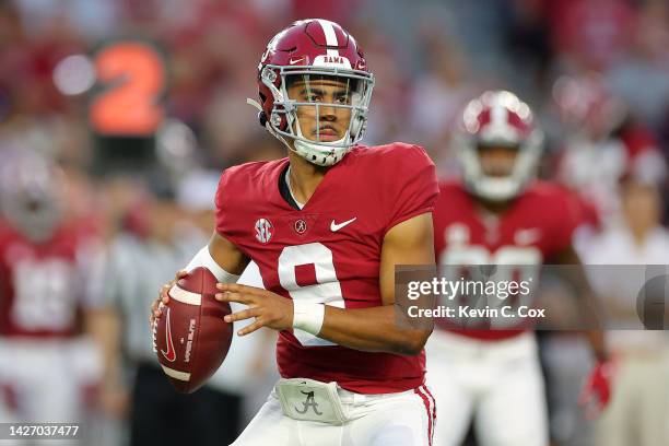 Bryce Young of the Alabama Crimson Tide looks to throw a pass against the Vanderbilt Commodores during the first half of the game at Bryant-Denny...