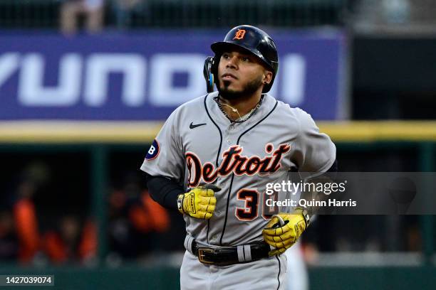 Harold Castro of the Detroit Tigers hits a two run home run in the first inning against the Chicago White Sox at Guaranteed Rate Field on September...