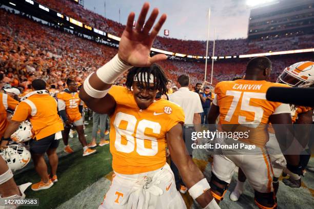 Miles Campbell of the Tennessee Volunteers celebrates the win against the Florida Gators at Neyland Stadium on September 24, 2022 in Knoxville,...