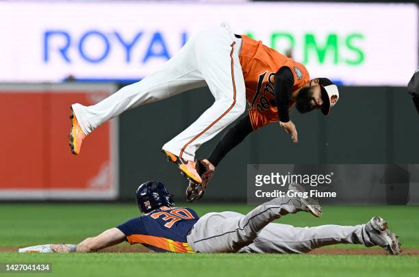 Kyle Tucker of the Houston Astros steals second base in the second inning under the tag of Rougned Odor of the Baltimore Orioles at Oriole Park at...