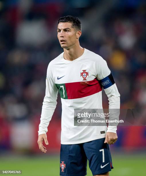 Cristiano Ronaldo of Portugal reacts during the UEFA Nations League League A Group 2 match between Czech Republic and Portugal at Fortuna Arena on...