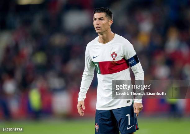Cristiano Ronaldo of Portugal reacts during the UEFA Nations League League A Group 2 match between Czech Republic and Portugal at Fortuna Arena on...