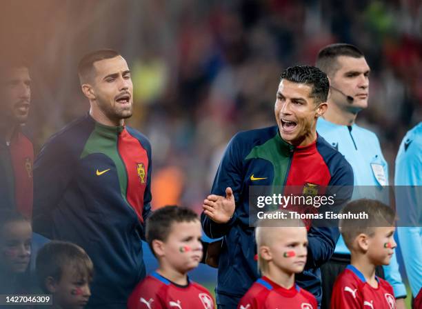 Cristiano Ronaldo of Portugal reacts during the national anthem prior the UEFA Nations League League A Group 2 match between Czech Republic and...