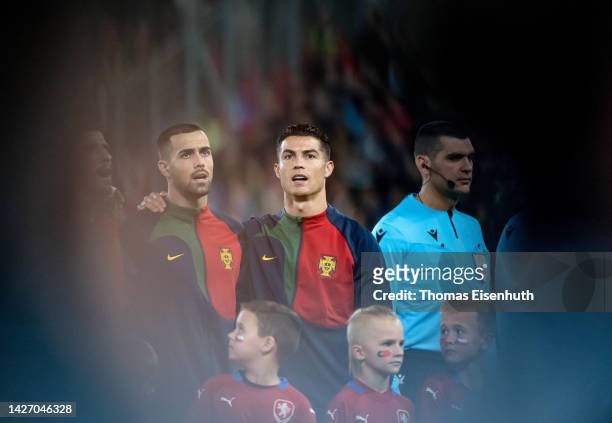 Cristiano Ronaldo of Portugal reacts during the national anthem prior the UEFA Nations League League A Group 2 match between Czech Republic and...