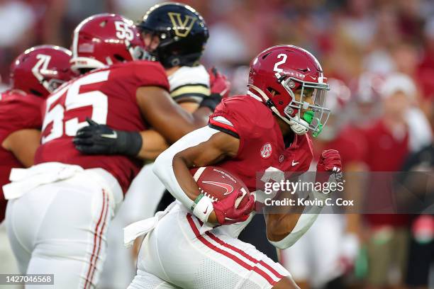 Jase McClellan of the Alabama Crimson Tide runs the ball against the Vanderbilt Commodores during the first half of the game at Bryant-Denny Stadium...