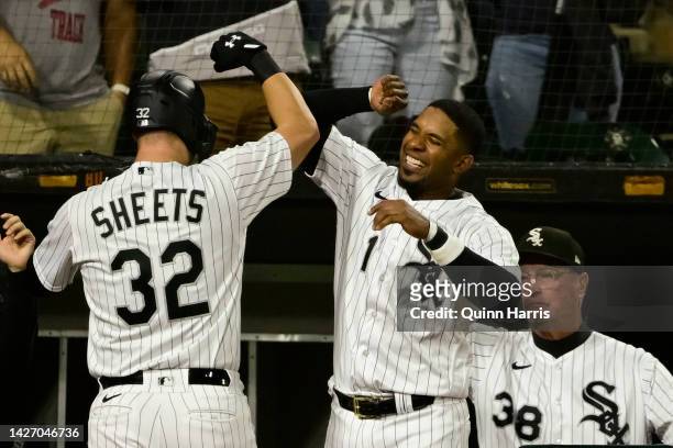 Elvis Andrus of the Chicago White Sox congratulates Gavin Sheets of the Chicago White Sox for this home run in the fourth inning against the Detroit...