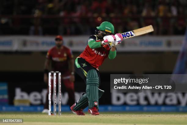 Shimron Hetmyer of Guyana Amazon Warriors hits a boundary during the Men's 2022 Hero Caribbean Premier League match between Guyana Amazon Warriors...