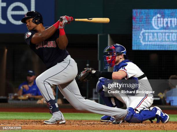 Oscar Gonzalez of the Cleveland Guardians hits s solo home run in the fifth inning against the Texas Rangers at Globe Life Field on September 24,...