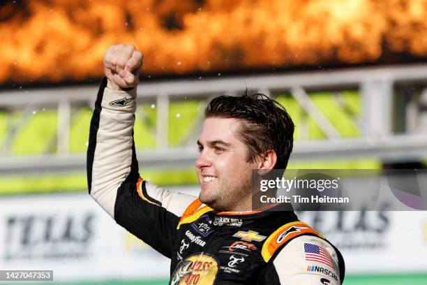 Noah Gragson, driver of the Bass Pro Shops/TrueTimber/BRCC Chevrolet, celebrates in victory lane after winning the NASCAR Xfinity Series Andy's...