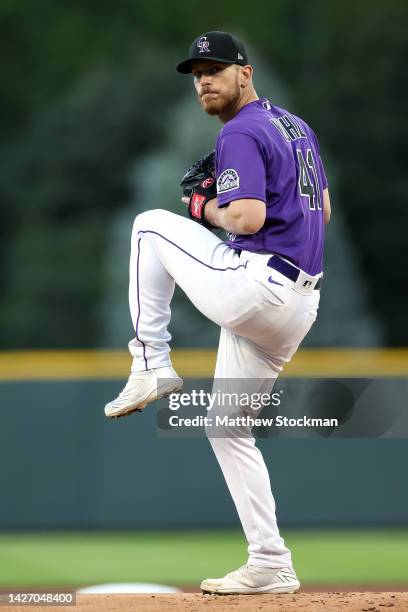 Starting pitcher Chad Kuhl of the Colorado Rockies throws against the San Diego Padres in the first inning at Coors Field on September 24, 2022 in...