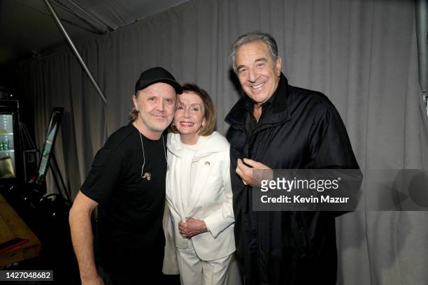 Lars Ulrich, Nancy Pelosi and Paul Pelosi pose backstage during Global Citizen Festival 2022: New York at Central Park on September 24, 2022 in New...
