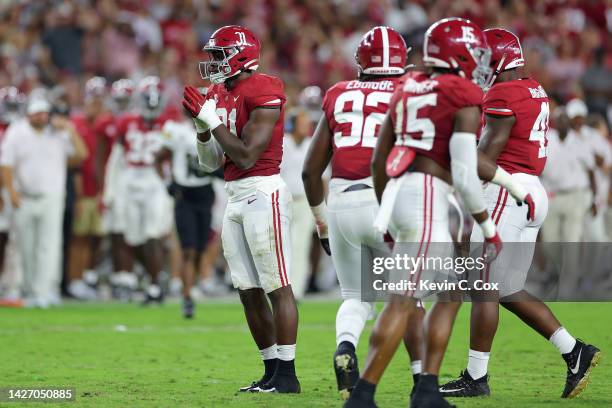 Will Anderson Jr. #31 of the Alabama Crimson Tide celebrates a sack against the Vanderbilt Commodores during the first half of the game at...