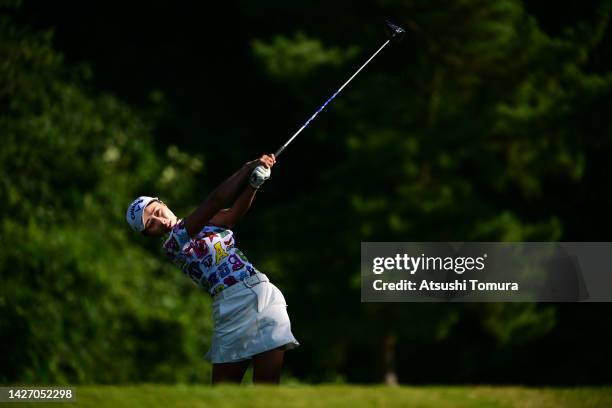 Miyuki Takeuchi of Japan hits her tee shot on the 3rd hole during the final round of Miyagi TV Cup Dunlop Ladies Open at Rifu Golf Club Mihama Course...