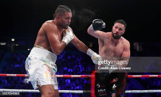 Joseph Parker punches Joe Joyce during the Vacant WBO Interim World Heavyweight Championship fight between Joe Joyce and Joseph Parker at AO Arena on...