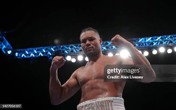 Joe Joyce celebrates after defeating Joseph Parker in the Vacant WBO Interim World Heavyweight Championship fight between Joe Joyce and Joseph Parker...